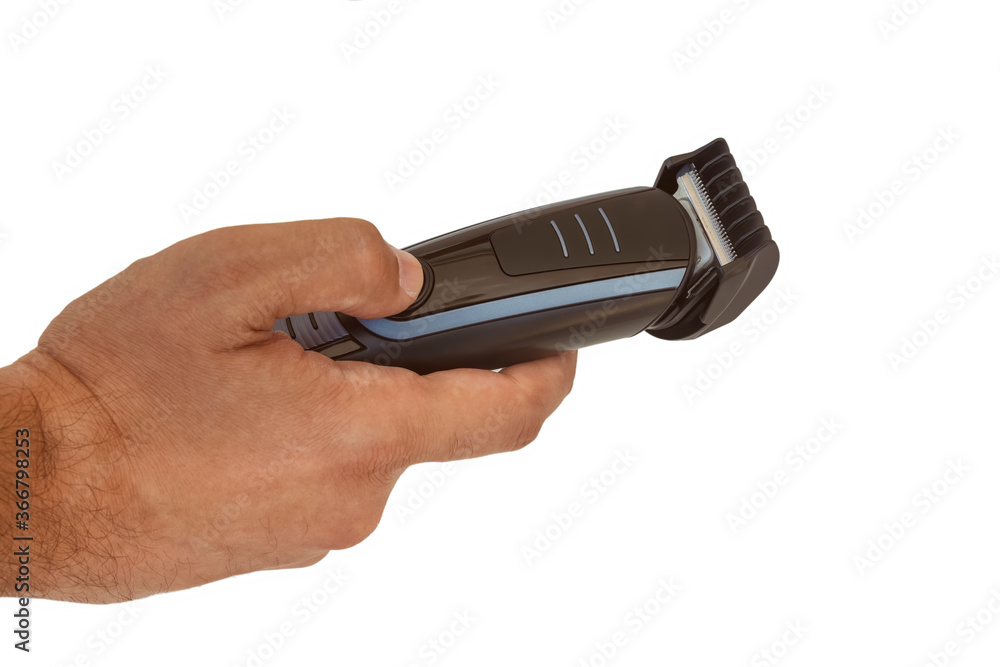 Male Hand Holding Hair Trimmer, Isolated On White Background Male Hand Holding Hair Trimmer, Isolated On White Background