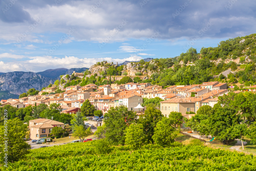 Aiguines village next to Verdon Gorge (Gorges du Verdon) in the Provence-Alpes-Côte d'Azur region in southeastern France.