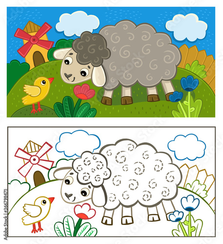 Fototapeta Naklejka Na Ścianę i Meble -  cute children's illustration: a lamb talking to a chicken. Coloring book and sample coloring book.