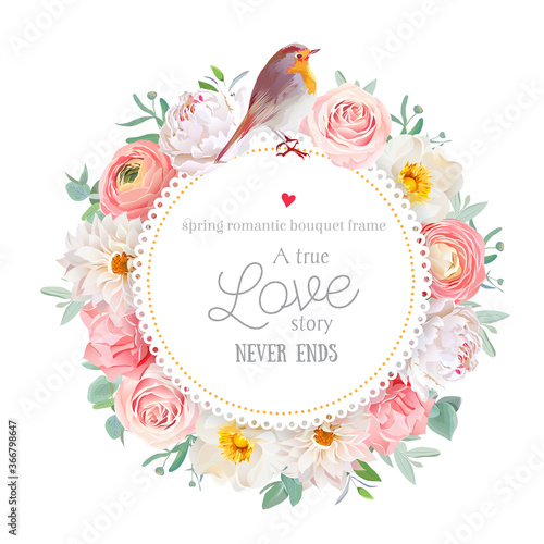 Cute floral vector round card with white peony, peachy rose and ranunculus, dahlia, carnation flowers, eucalyptus leaf, mixed plants and cute small robin bird