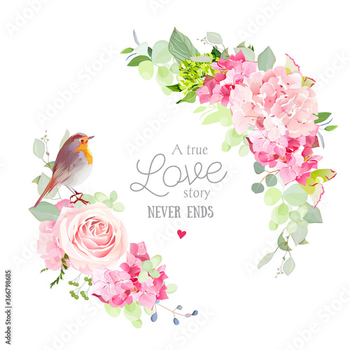 Floral vector round frame with cute small robin bird