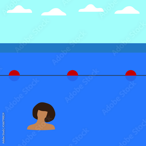 
Female character in water in front of the buoys