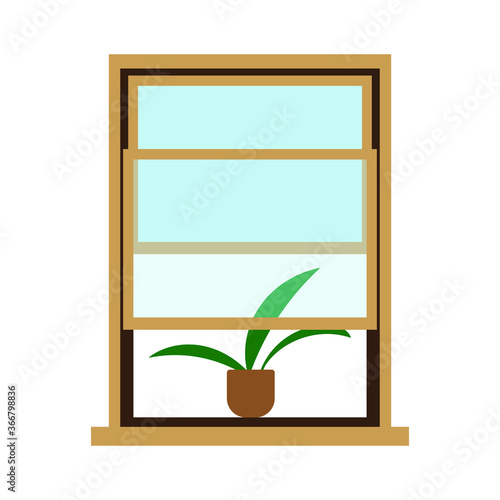 Open American window with a plant on the windowsill