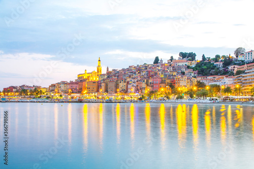 Menton mediaeval town on the French Riviera in the Mediterranean during sunset, France. 