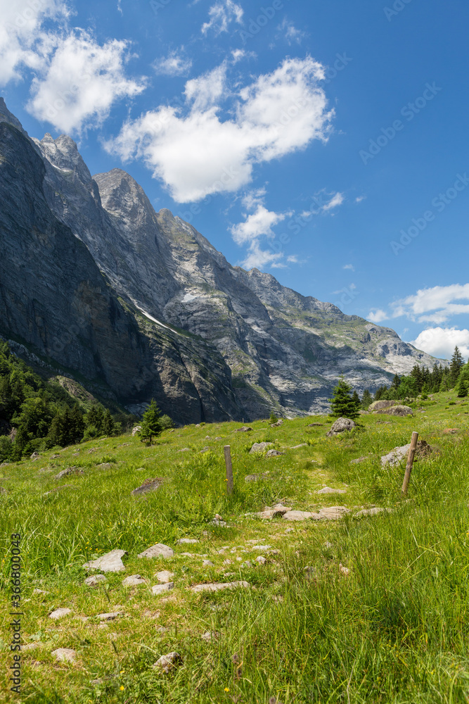Wanderweg in der Schweiz mit Bergen, Wolken und blauem Himmel im Hintergrund. Schweiz Berner Oberland