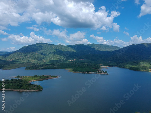 Dramatic and beautiful aerial view Lake of Beris or "Tasik Beris" during morning at Sik, Kedah, Malaysia;