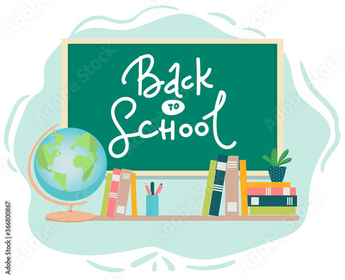 Banner back to school text drawing by colorful chalk in blackboard with school items and elements. Vector illustration banner flayer. globe books, pens pencils on white background. flat