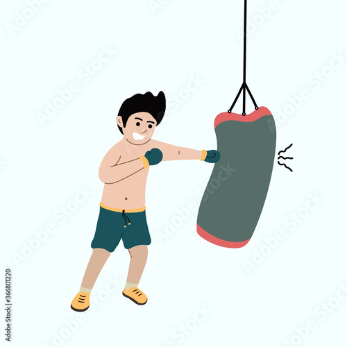Flat Illustration of man using boxing gloves while punching bag for workout