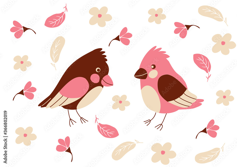 two little cute birds, cartoon style, vector illustration