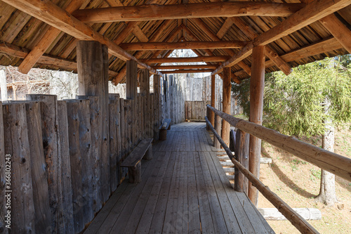 Wooden fort  modern built as attraction. Inner passage.