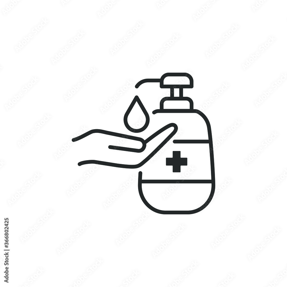 Washing hand with sanitizer liquid soap line icon isolated on white background. Vector illustration Washing hand with sanitizer liquid soap line icon isolated on white background. Vector illustration