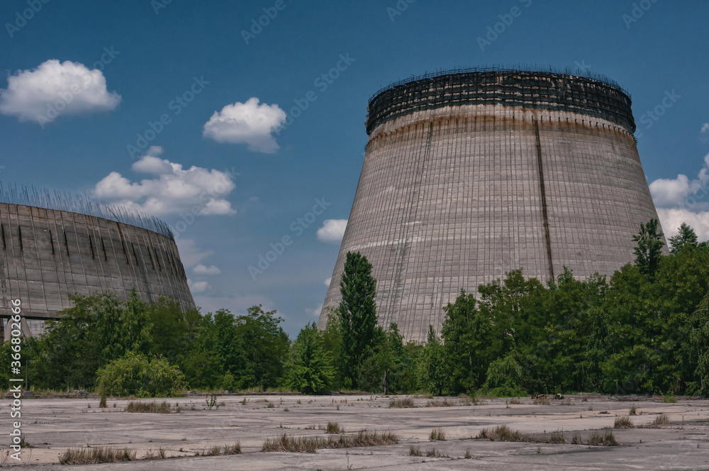 Cooling stack of Reactors building in Pripyat, Chernobyl exclusion Zone. Chernobyl Nuclear Power Plant Zone of Alienation in Ukraine