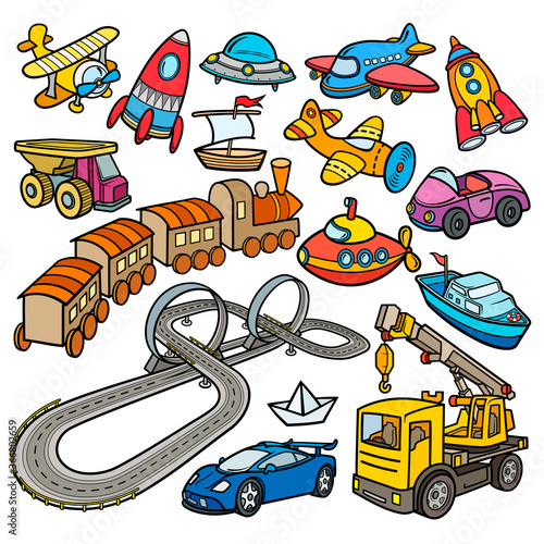 Cartoon doodles hand drawn kids toys objects set