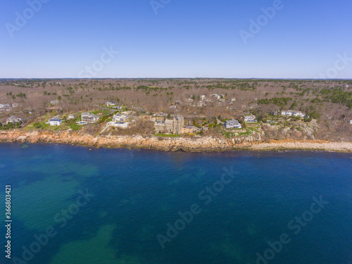 Aerial view of Hammond Castle in village of Magnolia in city of Gloucester, Massachusetts MA, USA. This building was built in 1926 on the coast of Gloucester Harbor. © Wangkun Jia