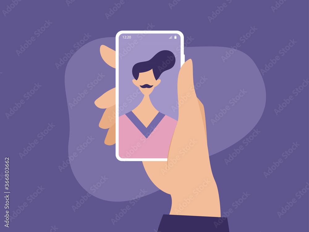 Portrait of a man on a mobile phone screen, millennial lifestyle, gadgets, online video call. Vector illustration	