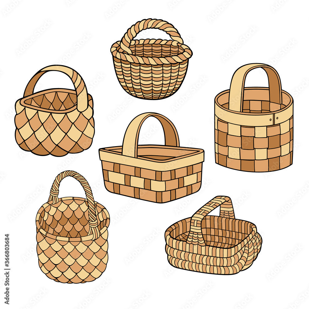 Set of hand drawn abstract baskets.
