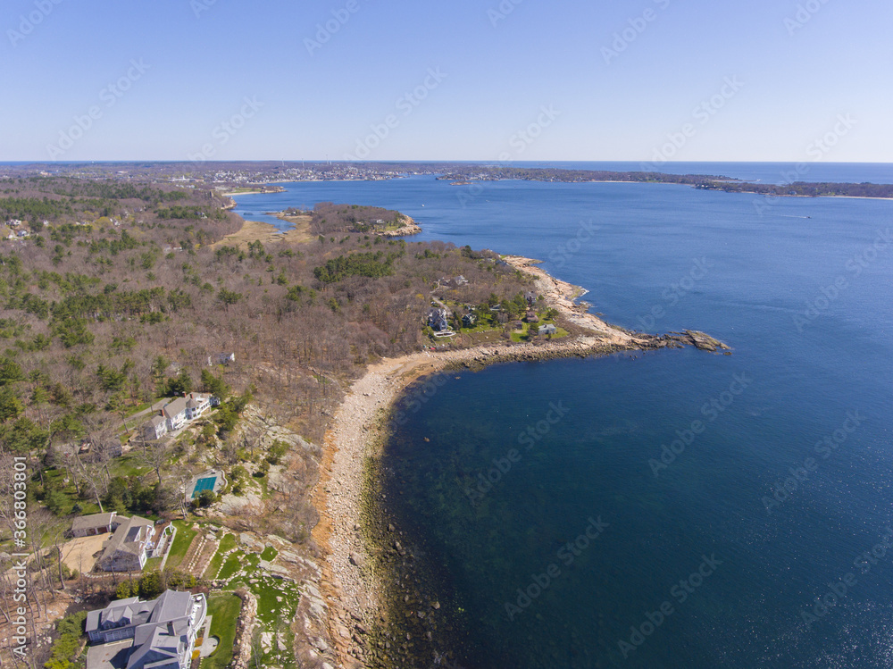 Historic coastal buildings and Mussel Point aerial view on Gloucester Harbor in village of Magnolia in Gloucester, Cape Ann, Massachusetts MA, USA.