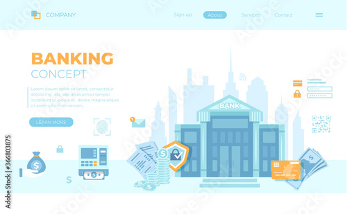 Banking, Bank building, Financial service. Money exchange,  transfer, payment, accounts operation. Banknotes, coins, credit card, bills, password, login,ATM. Can use for web banner, landing page, web 