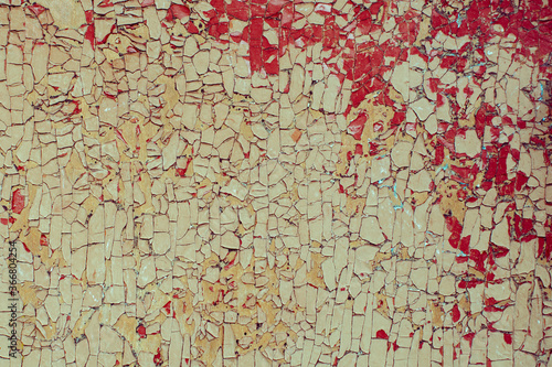 Peeling paint on old wooden rustic material on the wall.