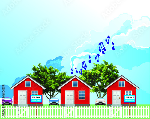 Row of detached residential homes on a suburb street with houses for sale next door to noisy Neighbor set against a blue cloudy sky