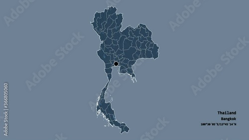 Songkhla, province of Thailand, with its capital, localized, outlined and zoomed with informative overlays on a administrative map in the Stereographic projection. Animation 3D photo