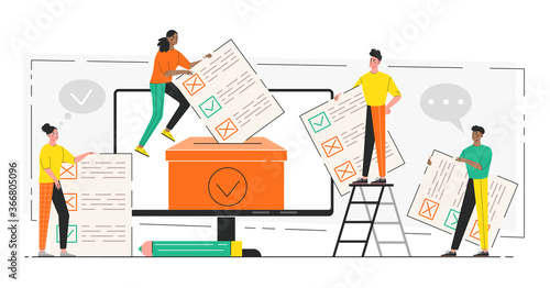 Online voting concept. Concept of democracy and community decisions. Diverse tiny people votiing at polling stations. Colored vector illustration
