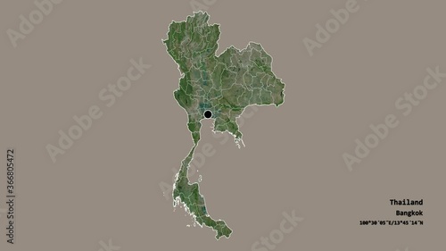 Songkhla, province of Thailand, with its capital, localized, outlined and zoomed with informative overlays on a satellite map in the Stereographic projection. Animation 3D photo