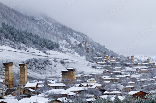 Mountain town Mestia in the Caucasus Mountains, Georgia