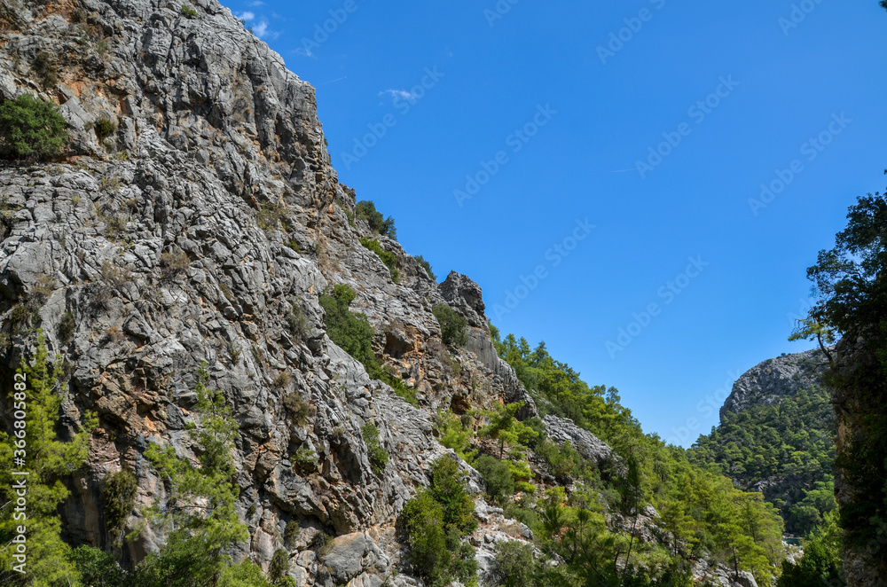 Scene with mountain rocks in Goynuk Canyon in Turkey. Famous Lycian way Trekking