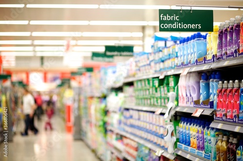 Household cleaning and washing products in a Supermarket aisle filled