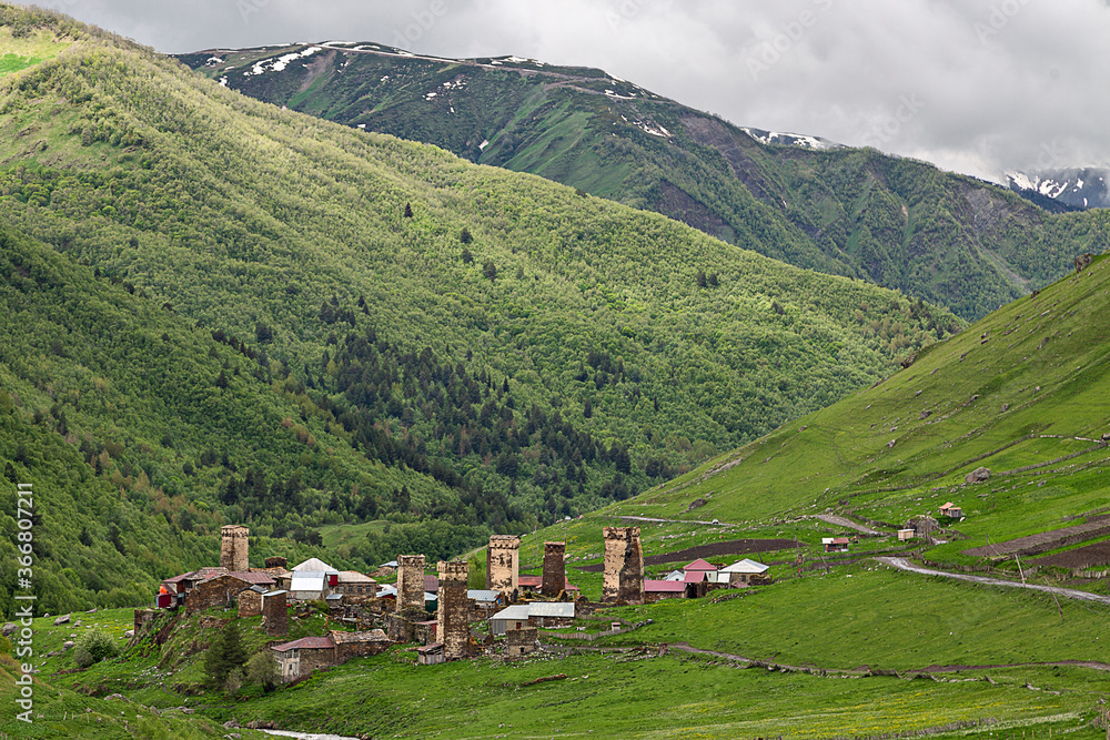 Village houses with medieval towers in the Caucasus Mountains, Georgia