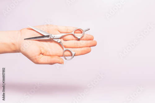 Had holding hairdresser tools scissors under trendy color background with copy space and soft light. Stylish Professional Barber Scissors, Hairdresser salon concept, Haircut accessories.