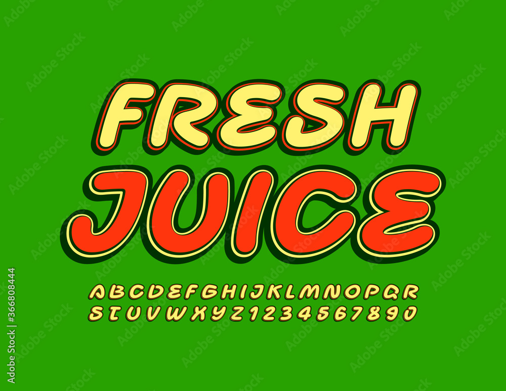 Vector cafe, bar, restaurant template Fresh Juice. Retro style Font. Bright Alphabet Letters and Numbers Vector cafe, bar, restaurant template Fresh Juice. Retro style Font. Bright Alphabet Letters and Numbers
