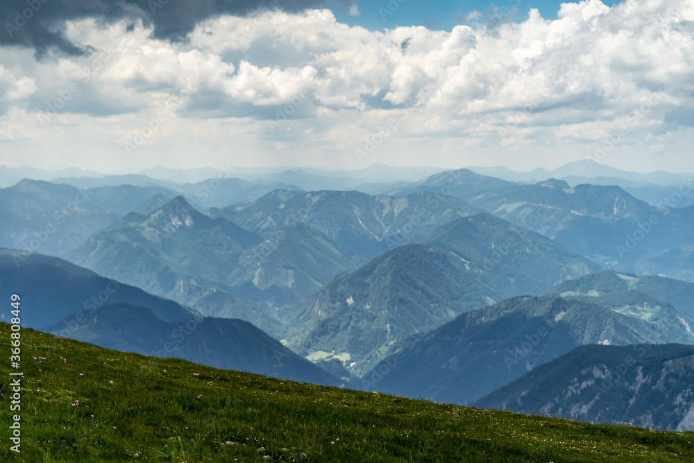 Fototapeta premium View from the Hochschneeberg mountain to the Alps