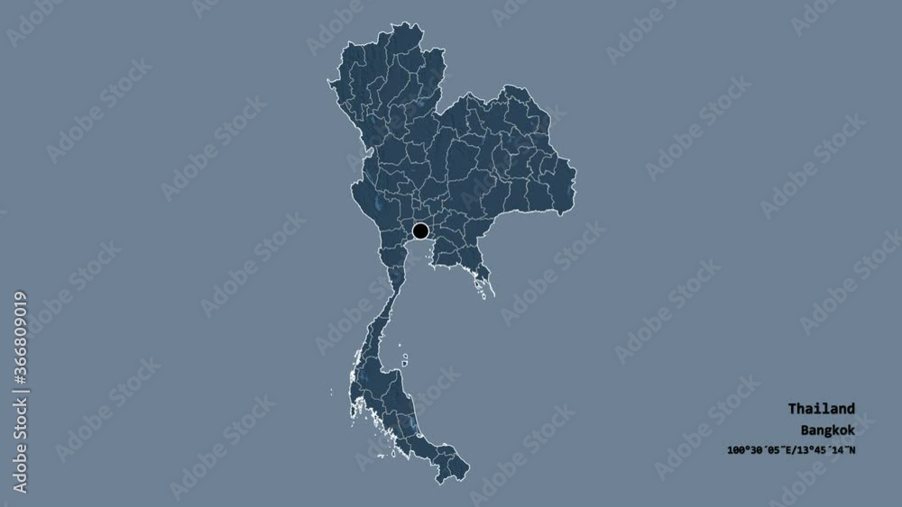 Trat, province of Thailand, with its capital, localized, outlined and zoomed with informative overlays on a administrative map in the Stereographic projection. Animation 3D Trat, province of Thailand, with its capital, localized, outlined and zoomed with informative overlays on a administrative map in the Stereographic projection. Animation 3D