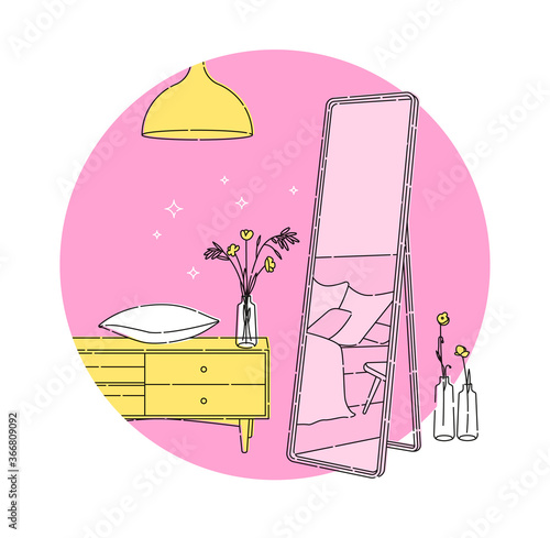 Scandinavian style interior outline vector fragment. Modern mirror with a reflection of the bed in the bedroom with pillows. Nearby is a nightstand with a pillow, glass vase and flowers.