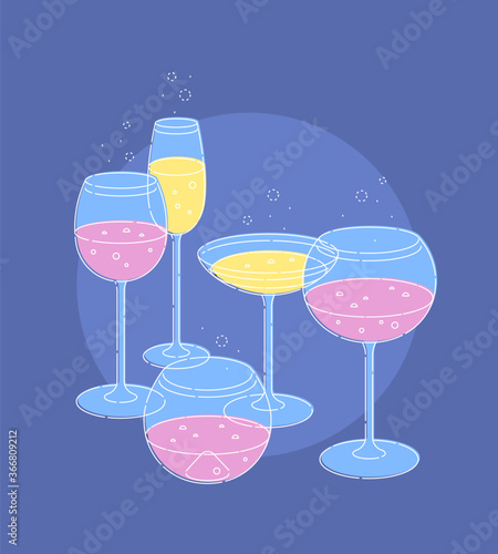 Set of vector elements. Various types of glass goblets with rose and white wine, champagne. Modern style. Outline stroke is not expanded.