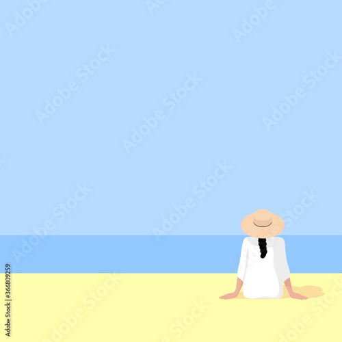 Young girl in hat and white dress sitting alone on a sandy beach and looking at blue sea. Flat hand drawn minimalistic vector illustration for background, post card, poster, social media.