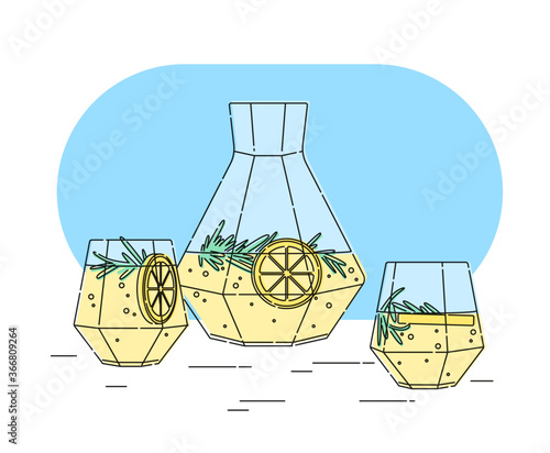 Set of vector elements. A glass decanter with lemonade and lemon, glasses are nearby. Modern style. Outline stroke is not expanded.