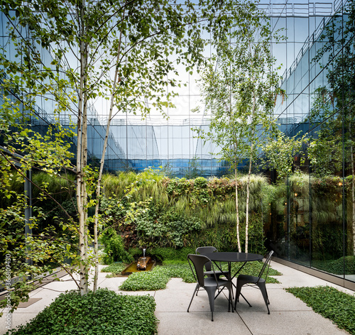 Cozy patio with trees and dining place surrounded by glass walls of modern building photo