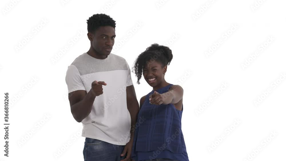 Portrait of young African American couple pointing at camera with approval identify. you gesture. isolated on white background Portrait of young African American couple pointing at camera with approval identify. you gesture. isolated on white background