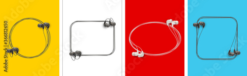 Innovative music quotation template speech bubble set in headphones quotes isolated on backdrop. Creative banner illustration set with quote frame wire with quotes headset modern design cloud remark