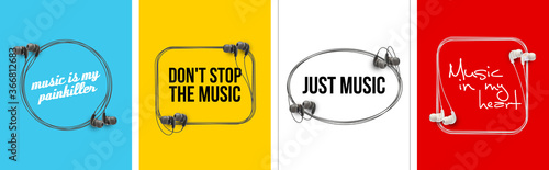 Innovative music quotation template speech bubble set in headphones quotes isolated on backdrop. Creative banner illustration set with quote frame wire with quotes headset modern design cloud remark