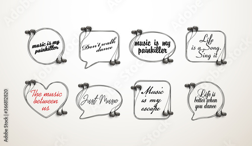 Innovative music quotation template speech bubble set in headphones quotes isolated on backdrop. Creative banner illustration set with quote frame wire with quotes headset modern design cloud remark