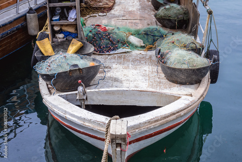 Baskets with fishing nests on a boat in Byblos, Lebanon, one of the oldest continuously inhabited cities in the world photo