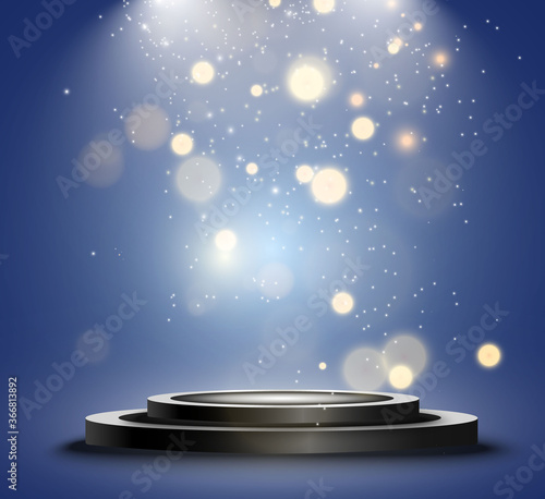 Round podium, pedestal or platform, illuminated by spotlights in the background. Vector illustration. Bright light. Light from above. Advertising place