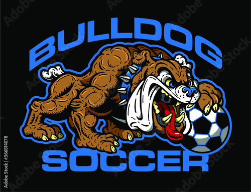 bulldog soccer team design with mascot holding ball for school, college or league
