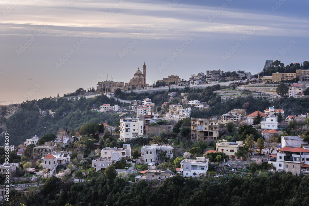 Harissa town in Keserwan District of the Mount Lebanon Governorate of Lebanon, view with St Paul basilica
