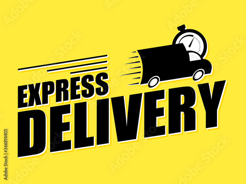 Express delivery concept icon. Van with stopwatch icon on yellow background. Concept of service, order, fast, free and worldwide delivery. Vector illustration.