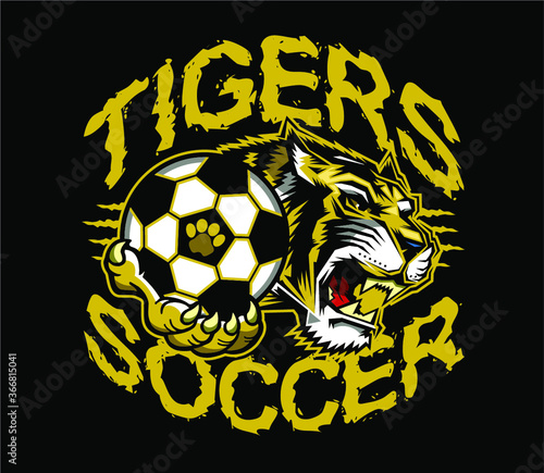 tigers soccer team design with mascot holding ball for school, college or league